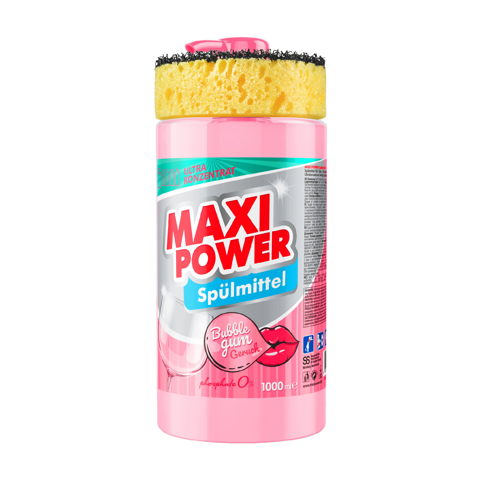Засіб для миття посуду Maxi Power Бабл гам, з мочалкою, 1 л